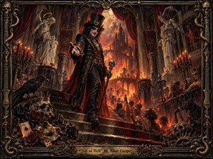 A sinister ringmaster figure beckons from a grand infernal cathedral, surrounded by flames, masked revelers, ravens, skulls, chains, and decaying statues. Deep crimson, black, bronze, and fiery orange dominate the palette, illuminated by theatrical firelight. The richly detailed gothic painting is enclosed by an ornate, instrument-inspired metal frame.