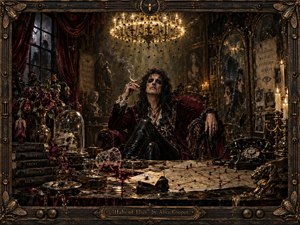 Alice Cooper lounges in a decaying gothic chamber beneath a blazing chandelier, surrounded by flies, wilted roses, candles, cracked mirrors, skulls, maps, and ominous objects. Deep burgundy, black, brass, and amber tones create a sinister theatrical mood, while dramatic candlelight and intricate handcrafted textures evoke decadent 1970s rock horror.