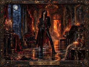 A leather-clad rock figure stands defiantly inside a decadent Gothic mansion glowing with firelight, candles, and smoldering shadows. Moonlit windows cool the crimson-and-gold palette, while a piano, guitar, black cat, roses, skulls, and ornate furnishings deepen the theatrical mood. Rich painterly textures and a metalwork frame complete the darkly romantic scene.