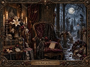 An ornate Victorian mourning chamber centers on an empty burgundy velvet chair, surrounded by black roses, lilies, candles, skulls, lace, and antique keepsakes. Beyond arched windows, a moonlit cemetery fades into blue-gray mist. Warm candlelight contrasts with cold nocturnal tones, creating a theatrical, gothic atmosphere framed by richly aged bronze ornamentation.