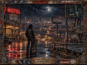 A lone leather-clad traveler stands at a rain-slicked roadside overlooking a sprawling American city and tangled highways beneath a stormy moon. Neon motel signs, battered route markers, rusted metal, and glowing traffic create a gritty, restless mood. The handcrafted frame echoes faded Americana, guitar hardware, and weathered road culture.