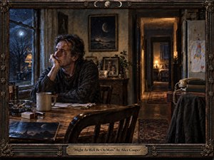 A solitary man sits at a worn kitchen table, staring into a cold moonlit night while warm amber lamps illuminate a distant hallway. Deep browns, muted blues, family photographs, an old telephone, and scattered objects create a melancholy domestic scene, rendered with richly textured, painterly realism and an ornate, weathered metal frame.