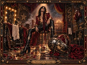 A decadent glam-rock performer lounges in a smoky backstage boxing ring, surrounded by crimson velvet, scattered roses, guitars, champagne glasses, and battered stage gear. Warm amber spotlights cut through haze, reflecting off black leather and polished metal. Rich reds, golds, and deep shadows create a theatrical, provocative, handcrafted rock-and-roll atmosphere.