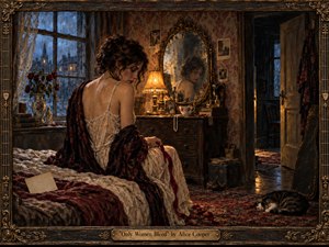 A solitary woman sits on a rumpled bed in a rain-darkened vintage bedroom, wrapped in lace and crimson fabric. Warm lamplight contrasts with cold blue windows, illuminating an aged mirror, wilted roses, scattered keepsakes, and a sleeping cat. Rich painterly textures, deep shadows, and an ornate bronze frame create melancholy intimacy.