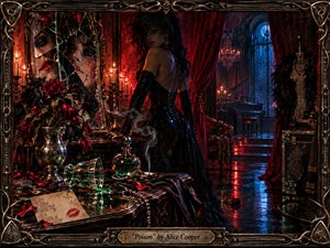 A mysterious woman in a glittering black gown stands within a decadent gothic boudoir, surrounded by cracked mirrors, wilted roses, candlelight, emerald glass, smoke, and velvet curtains. Crimson, black, green, and moonlit blue create a seductive, dangerous mood, rendered in richly textured mixed-media style within an ornate metal frame.