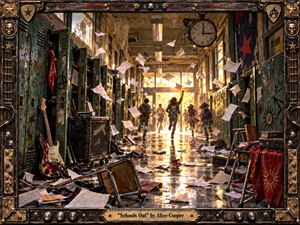 A rebellious school hallway erupts into freedom as students race toward blazing golden daylight, papers swirling through the air. Weathered green lockers, battered desks, a scarred electric guitar, and gritty rock memorabilia create a chaotic 1970s atmosphere. Warm amber light, distressed textures, and metallic framing give the scene handcrafted theatrical energy.