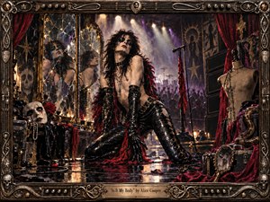 A pale, androgynous glam-rock performer kneels beneath smoky stage lights, surrounded by cracked mirrors, red velvet curtains, masks, a mannequin, amplifiers, and a coiled snake. Deep black, burgundy, tarnished gold, and violet create a decadent, unsettling mood. Rich oil-like textures, reflective surfaces, and an ornate metallic frame heighten the theatrical drama.