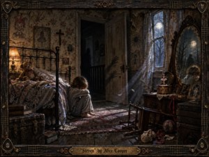 A frightened child curls beside an iron bed in a decaying moonlit bedroom, surrounded by worn toys, faded wallpaper, and unsettling shadows. Cold blue light spills through a window while a dim amber lamp adds contrast. Richly textured, gothic mixed-media realism and an ornate dark frame create a haunting atmosphere of fractured innocence and psychological dread.