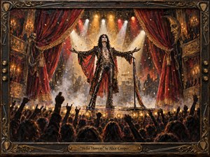 A flamboyant rock frontman stands triumphantly beneath blazing stage lights in an ornate vintage theater, framed by crimson curtains, gilded balconies, smoke, and a cheering crowd. Warm gold, black, and deep red dominate the dramatic composition, rendered in richly textured painterly style with confetti, gothic details, and an elaborate musical frame.