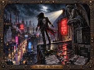 A lone leather-clad rocker stands on a rain-soaked rooftop above a neon city, caught between darkness and a piercing beam of light. Storm clouds, industrial towers, scattered bottles, pills, cables, and a watchful stone angel create a tense yet redemptive mood. Rich blues, reds, bronze, and wet reflections give the handcrafted rock-poster painting dramatic depth.