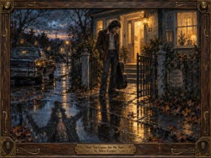 A solitary man pauses outside a warmly lit suburban home on a rain-soaked evening, his theatrical alter ego reflected hauntingly in a puddle. Cool blue-gray streets contrast with amber windows and porch light. Rich oil, charcoal, and pastel textures, autumn leaves, vintage car details, and an ornate wooden-brass frame deepen the melancholy, introspective mood.
