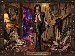A defiant glam-rock figure strides through a decaying Victorian hallway filled with shattered portraits, pearls, broken statuary, torn wallpaper, and scattered relics of respectability. Warm amber lamplight clashes with vivid magenta and blue nightclub glow behind him. Rich oil-paint textures, theatrical shadows, and an ornate gothic frame heighten the rebellious mood.