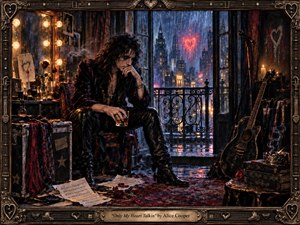 A brooding rock singer sits alone in a rain-darkened dressing room, framed by glowing vanity bulbs, roses, scattered sheet music, a worn guitar, and a shadowed microphone. Cool blue city rain contrasts with warm amber light and crimson accents, while a faint heart-shaped glow outside deepens the melancholic, cinematic oil-painted atmosphere.
