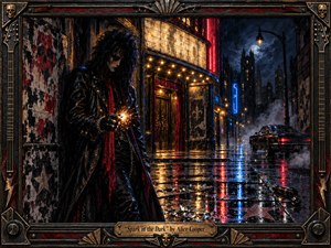 A brooding gothic rocker stands beneath a weathered theater marquee on a rain-soaked city street, shielding a brilliant spark in his hands. Deep blacks, crimson accents, electric blue reflections, and warm amber lights heighten the nocturnal tension. Painterly textures, drifting mist, vintage architecture, and an ornate metal frame create theatrical menace and mystery.