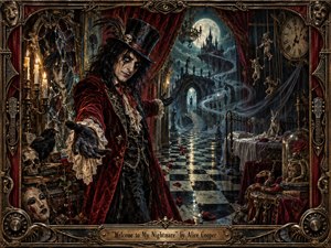 Alice Cooper stands as a sinister ringmaster inside an ornate gothic nightmare, beckoning viewers through a decaying theatrical chamber toward a moonlit castle. Deep crimson velvet, black iron, candlelight, cracked mirrors, puppets, skulls, roses, and serpents create decadent menace, framed by intricate bronze ornament and eerie Victorian detail.