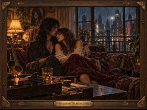A tender couple rests together in a warmly lit 1970s apartment while rain streaks the windows above a glowing nighttime city. Amber lamplight, burgundy velvet, dark wood, and cool blue reflections create intimate contrast. Painted in richly textured oils, the scene includes a guitar, turntable, whiskey glass, sleeping cat, and ornate musical frame.
