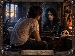 A brooding young man sits before an aged mirror, confronting a sinister reflection dressed in theatrical black, surrounded by a dim, cluttered room of guitars, photographs, masks, chains, and worn furniture. Warm amber lamplight contrasts with cold blue window light, creating a tense gothic atmosphere. Ornate metallic framing and skull details intensify the handcrafted rock aesthetic.