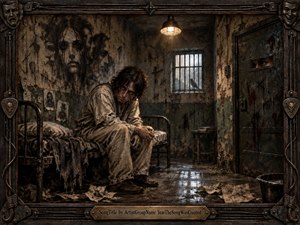 A disheveled man sits hunched on a narrow bed inside a decaying asylum cell, surrounded by cracked walls, ghostly painted faces, scattered papers, and a watchful barred door. Sickly amber light contrasts with cold window glow, creating a claustrophobic, haunted mood. Dark bronze framing and distressed textures heighten the gothic, theatrical realism.