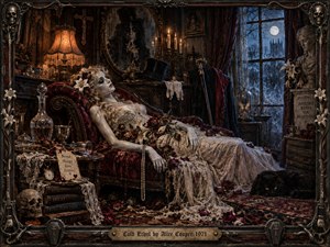A pale woman reclines across a crimson velvet chaise in an ornate Victorian parlor, surrounded by wilted roses, lace, glassware, skulls, and a watchful black cat. Warm candlelight clashes with icy moonlight beyond the window, creating a macabre, theatrical mood rendered in richly textured gothic realism and dark jewel tones.