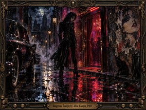 A solitary black-clad figure stands on a rain-slicked gothic street outside a glowing red nightclub, surrounded by mist, vintage cars, torn posters, and a watchful black cat. Deep crimson, violet, and midnight blue lighting creates a seductive, dangerous mood, rendered in richly textured dark romantic painting within an ornate bronze frame.
