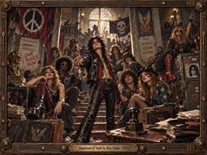 A rebellious young crowd fills a grand, decaying hall, centered on a charismatic leather-clad figure commanding the staircase. Warm amber light cuts through smoky shadows, illuminating red, black, bronze, and worn stone textures. The theatrical rock-inspired realism blends youthful defiance, disorder, vintage glamour, banners, records, trunks, and ornate metal framing.
