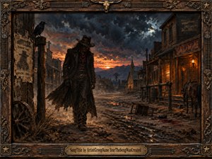 A solitary black-clad desperado strides through a weathered frontier town beneath a turbulent twilight sky. Fiery orange sunset light contrasts with deep blue-gray storm clouds and warm lantern glow. Rich oil-painted textures, muddy reflections, aged timber, a raven, abandoned wagon wheel, and ornate Western frame create a brooding, cinematic atmosphere.