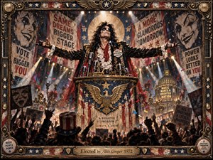A flamboyant glam-rock figure commands a theatrical campaign rally from an ornate podium, arms spread beneath blazing spotlights and patriotic banners. Red, blue, gold, and weathered cream dominate the scene, while cheering silhouettes, confetti, vintage posters, and baroque metalwork create a satirical, feverish atmosphere blending rock spectacle, political pageantry, and handcrafted poster art.
