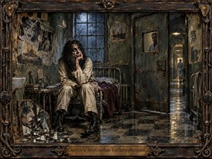 A weary figure sits on a narrow bed in a decaying institutional room, surrounded by cracked mirrors, faded photographs, peeling walls, and an open corridor. Cold moonlight and dim amber lamps deepen the claustrophobic mood. Muted greens, rust, black, and sepia create a distressed, painterly gothic atmosphere of isolation, memory, and confinement.