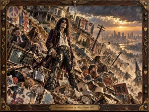 A glam-rock figure stands defiantly atop a collapsing suburban landscape strewn with broken televisions, records, furniture, posters, and displaced generations. Storm clouds and smoky golden sunset light frame a distant city skyline, creating a rebellious, apocalyptic mood. Rich browns, brass, burgundy, and dusty amber give the detailed mixed-media scene a weathered 1970s character.
