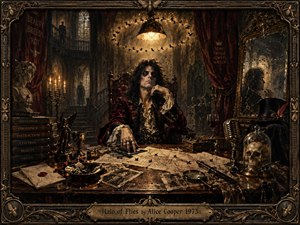 A brooding rock figure sits at an ornate desk inside a decaying Gothic mansion, surrounded by maps, photographs, candles, books, a vintage microphone, and macabre curiosities. Swarming flies form a sinister halo overhead. Deep burgundy, bronze, and black tones, dramatic amber lighting, cracked mirrors, and elaborate metalwork create a theatrical, ominous atmosphere.