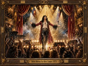 A flamboyant rock performer strides across a grand theater stage, arms spread beneath radiant golden spotlights. Deep crimson curtains, smoky air, cheering crowds, amplifiers, and star motifs create a triumphant, theatrical mood. Rich bronze, black, red, and gold tones enhance the handcrafted, vintage glam-rock atmosphere and ornate musical frame.