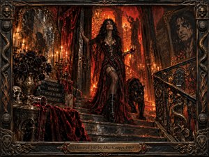 A dark gothic woman descends a grand staircase beside a black panther, framed by blazing orange light, candles, roses, skulls, and ornate ironwork. Deep crimson, black, bronze, and gold create a seductive, dangerous mood. Highly detailed digital painting evokes theatrical hard rock through dramatic lighting, luxurious textures, and sinister elegance.