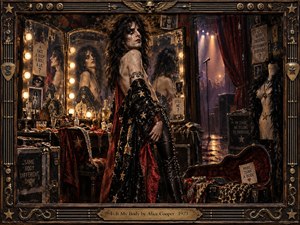 A theatrical glam-rock figure stands before glowing dressing-room mirrors, poised between backstage intimacy and a waiting stage. Tarnished gold, black leather, deep crimson, and amber light create a decadent, uneasy mood. Ornate musical framing, scattered costumes, reflections, and worn surfaces evoke identity, performance, vanity, and vulnerability.