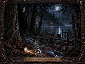 A masked figure lurks among rain-darkened trees beside a remote moonlit camp, overlooking misty cabins, a silent dock, and rippling black water. Cold blue-gray tones contrast with warm window light and a fallen flashlight. Hyper-detailed digital realism, wet textures, twisted metal framing, and ominous shadows create tense cinematic horror.