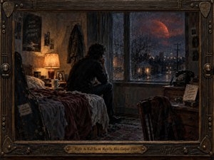 A solitary man sits on an unmade bed beside a rain-streaked window, gazing toward a distant city beneath a glowing red planet. Warm amber lamplight contrasts with cold blue-black night, deepening the mood of isolation and longing. Rich oil-painted textures, worn furnishings, a silent telephone, and an ornate musical frame add melancholy detail.