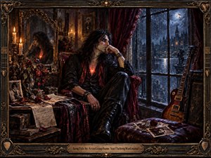A brooding rocker sits beside a rain-streaked window in a candlelit Gothic room, surrounded by wilted roses, photographs, letters, and a resting guitar. Deep burgundy, black, bronze, and moonlit blue create a romantic, melancholic mood. Ornate framing, reflective surfaces, and painterly realism emphasize loneliness, memory, and restrained emotional tension.