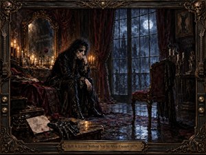 A solitary gothic figure sits brooding in a decaying candlelit chamber, facing an empty chair beneath rain-streaked moonlit windows. Deep burgundy, black, tarnished gold, and icy blue create a tragic, theatrical mood. Rich oil-painted textures, carved furnishings, smoking candles, roses, letters, guitars, and an ornate frame intensify the atmosphere of absence and longing.