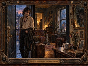 A weary man pauses in a rain-darkened apartment doorway, clutching his coat beside an old suitcase while warm lamplight reveals a distant shadowed figure. Cool city blues contrast with amber interiors, wilted roses, worn furniture, and a cracked mirror. Rich oil-paint textures and an ornate bronze-trimmed frame deepen the melancholy, uncertain mood.