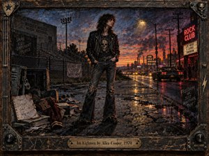 A defiant teenager stands between a shadowed high school and a glowing city street, caught between youth and adulthood. Moody blues, bruised purples, orange sunset, neon red, and wet reflections heighten the tension. Gritty oil-and-charcoal textures, scattered school relics, industrial haze, and a weathered rock-inspired frame deepen the restless atmosphere.