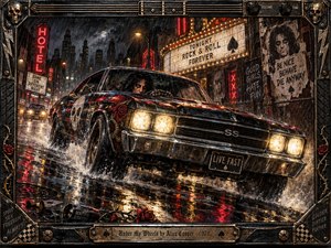 A black vintage muscle car surges through a rain-soaked neon city at night, throwing water across reflective pavement. Crimson signs, glowing headlights, torn posters, roses, and gritty alley textures create a rebellious 1970s rock atmosphere. Rich painted surfaces, chrome highlights, dark shadows, and an ornate metal frame intensify the dangerous, theatrical mood.