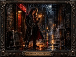 A brooding rocker stands in a rain-soaked urban alley, holding a bright burst of sparks against deep shadows and weathered brick. Fiery orange reflections cut through black, red, and steel-blue tones beneath a stormy moonlit sky. The richly textured, gothic rock-inspired painting feels rebellious, dangerous, theatrical, and electrically alive.