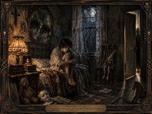 A solitary young man sits curled on an iron bed inside a decaying moonlit bedroom, surrounded by cracked mirrors, antique dolls, and unsettling childhood relics. Cold blue window light contrasts with a dim amber lamp, creating a haunted, psychological mood. Rich painterly textures, deep shadows, distressed wood, and ornate framing heighten the eerie atmosphere.