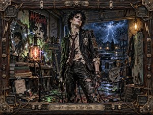 A rebellious teenage figure stands in a storm-lit garage laboratory, surrounded by amplifiers, guitars, tangled wires, glowing machinery, drums, lockers, and battered schoolbooks. Cold blue lightning contrasts with warm industrial lamps and eerie green highlights, while distressed metal, leather, wood, and cracked surfaces create a theatrical gothic-punk atmosphere of alienation, defiance, and restless energy.