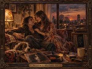 A tender couple relaxes together in a warmly lit 1970s apartment, surrounded by vinyl records, books, a sleeping dog, and glowing city windows at sunset. Rich amber, rust, and brown tones create an intimate, nostalgic mood, rendered in detailed painterly realism with textured surfaces, soft shadows, and an ornate musical frame.
