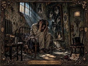 A tormented man sits hunched on a rusted bed inside a decaying institutional room, clutching his head beneath fractured reflections in a shattered mirror. Cold blue window light cuts through smoky darkness, revealing peeling walls, tally marks, scattered papers, wilted roses, and antique furnishings. The detailed mixed-media realism feels claustrophobic, theatrical, and psychologically fractured.