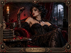 A seductive gothic figure reclines in a crimson velvet chair within a shadowy Victorian chamber, delicately holding a black widow spider. Candlelight, moonlit fog, roses, webs, skull details, and a watchful black cat create an ominous theatrical mood. Deep reds, black lace, and ornate metallic framing heighten the dark romantic atmosphere.