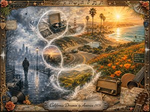 A solitary traveler moves from a cool, rain-darkened city into a radiant California dreamscape of winding coastal roads, golden poppies, palms, and sunlit ocean. Feathered bubbles curve through nostalgic scenes, linking vinyl records, sheet music, radio, guitar, and maps. Warm amber light contrasts beautifully with misty blue-gray shadows.