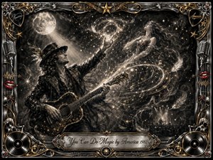 A charismatic guitarist conjures luminous swirls of music, stars, feathers, and smoke toward an ethereal woman beneath a glowing moon. Deep charcoal textures, silvery highlights, warm gold accents, and touches of crimson create a romantic, magical mood. An ornate chrome-and-gold musical frame and engraved title plate complete the theatrical composition.