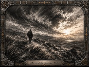 A lone traveler crosses a windswept mountain wilderness beneath swirling charcoal storm clouds, moving toward warm light breaking across the distant horizon. Deep blacks, smoky grays, and muted gold create a tense yet hopeful mood. Feathered charcoal textures, rugged terrain, and an ornate metal-and-gold musical frame emphasize endurance, resilience, and survival.