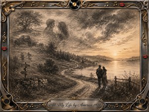 A nostalgic charcoal landscape follows a winding lakeside path where a couple walks toward a glowing sunset. Ghostlike memories of childhood, romance, and an old truck drift through textured clouds. Warm sepia light softens deep graphite shadows, while an ornate chrome-and-gold musical frame, guitars, red lips, and engraved title plate complete the composition.